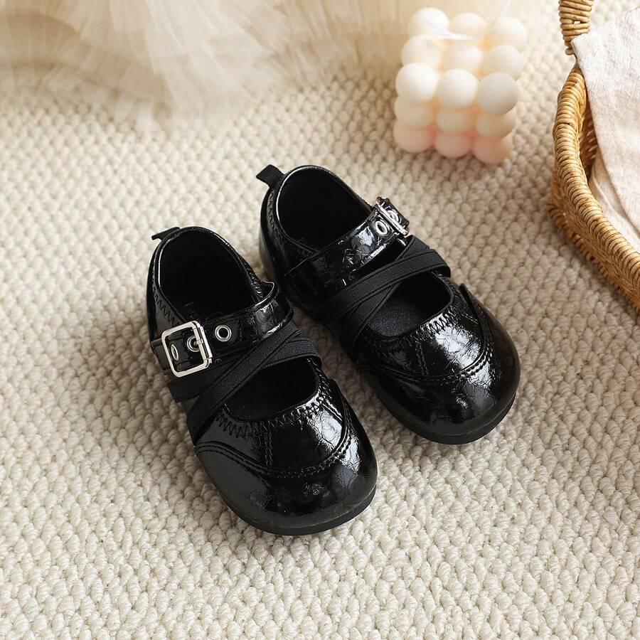 Girls' Shiny Mary Jane Shoes, Vintage British Style, Cross Elastic Strap With Hook And Loop, Round Toe Soft Sole, Versatile Princess Walking Shoes For Toddlers - Black - View 1
