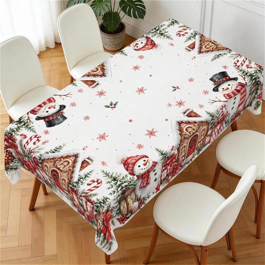 1pc Christmas Tablecloth, Christmas Snowman Gingerbread House Red Pine Branch Print Pattern, Single-Sided Print, Suitable For Tabletop, Washable And Reusable, Suitable For Indoor, Outdoor, Yard, Wedding, Banquet, Party, Outdoor Dining, Craft Exhibition, Banquet Event Decoration - Multicolor - View 1