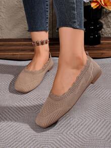 Women's Square Toe Knit Slip-On Shoes, Breathable Soft Sole Granny Shoes, Lightweight Comfortable Commuter Versatile Flat Shoes - Khaki - View 5