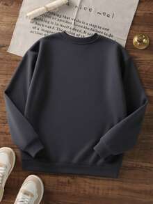 Boys Smile Face Checkerboard Graphic Crew Neck Sweatshirt, Casual Loose Pullover - Dark Grey - View 4