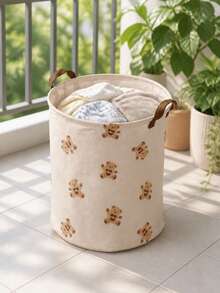 Bear Pattern Printed Foldable Laundry Basket With Laundry Clips, Home Clothing Storage Bin, Breathable Fabric Dirty Clothes Basket, Bedding Clips, Suitable For Bathroom And Bedroom - Multicolor - View 2