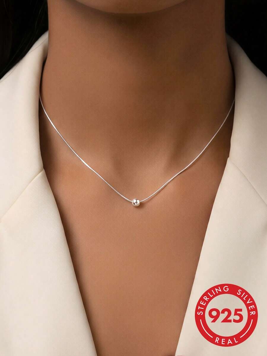 ELSEDES 1pc Stylish & Charming S925 Silver Simple Beaded Choker Necklace For Women's Daily, Party Wear - Silver - View 1