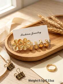 Set 3 Pasang Anting Lingkaran Emas, Anting Lingkaran Berbentuk C Berongga Motif Bunga Campuran, Bintang, Daun, untuk Pemakaian Sehari-hari Wanita - Emas - View 3
