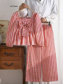 Left Mama Girls Sweet Elegant Square Neck Big Bow Plaid Long Sleeve Top & Straight Leg Pants Set, Spring/Autumn - Red - View 1