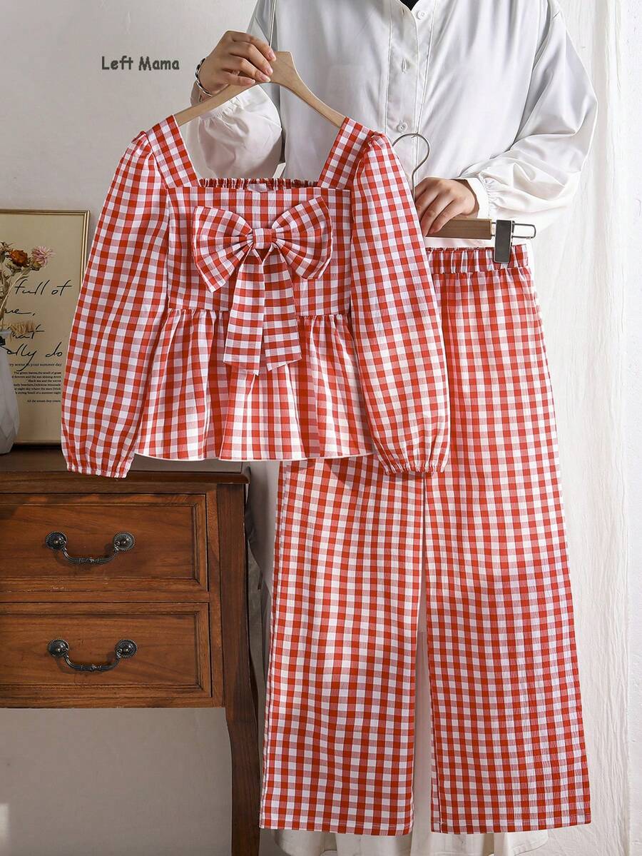 Left Mama Girls Sweet Elegant Square Neck Big Bow Plaid Long Sleeve Top & Straight Leg Pants Set, Spring/Autumn - Red - View 1