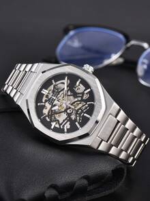 LONGLUX 1pc Men's Hollow Automatic Mechanical Watch With Butterfly Clasp Steel Band, Minimalist Fashion For Daily Wear, Holiday Gift - Black - View 5