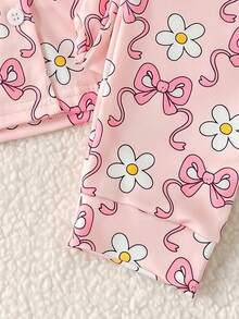 Baby Girl Gentle Style Ditsy Floral Pajama Set, Daisy & Bow Full Print Blazer Collar Button Front Long Sleeve Top + Straight Leg Pants, Soft Skin-Friendly Sleepwear 2 Pieces Set, 2026 Spring/Autumn New Fashion - Baby Pink - View 5
