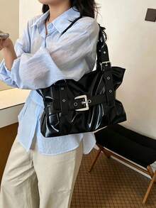 Tas Tote Lipit Polkadot Hitam, Tas Bahu Kapasitas Besar dengan Kantong Resleting Samping, Cocok untuk Sekolah dan Perjalanan Sehari-hari - Hitam - View 5