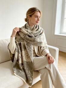 1PcAbstract Graffiti Print Faux Cashmere Scarf, Warm Fringe Large Shawl Wrap, Versatile Outdoor Travel Blanket Scarf For Women - Olive Green - View 3
