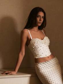 2026 Summer New Pearl Rhinestone Strapless Bustier Corset Top, Slimming Fitted Fishbone Bodice, Sparkling Holiday Outfit Fashion Tank Top For Women - White - View 4