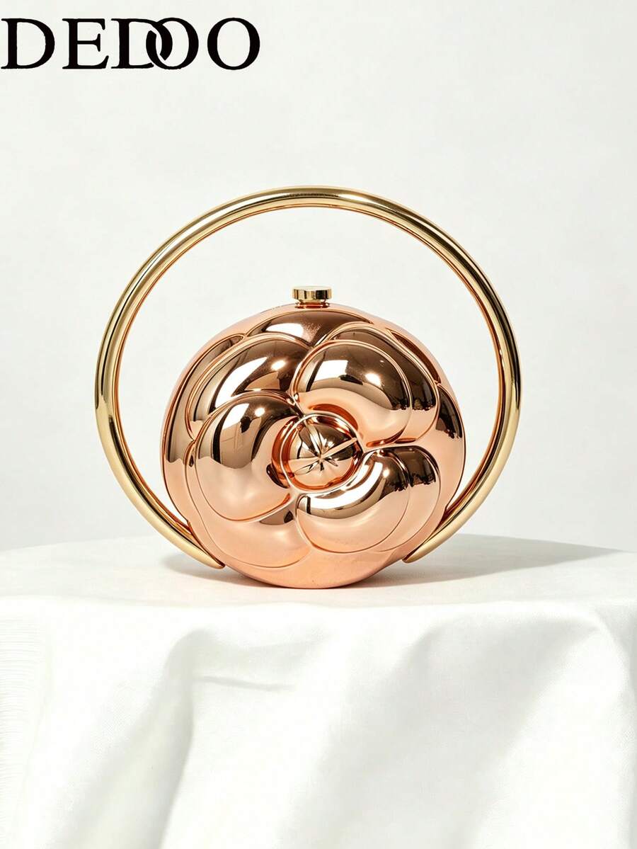 女款圓形硬殼晚宴手拿包,壓花花卉圖案,奢華新穎風格,適合舞會、婚禮、宴會,四季通用女用手提包 - 玫瑰金 - 查看 1