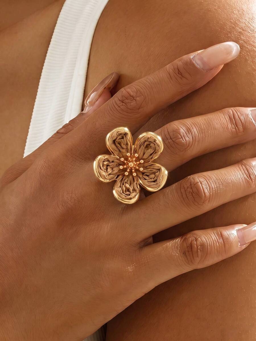 1pc Bohemian Style Woven Straw Khaki Flower Adjustable Ring, Suitable For Women, Beach, Travel, Daily Wear, Matching Outfits - Khaki - View 1