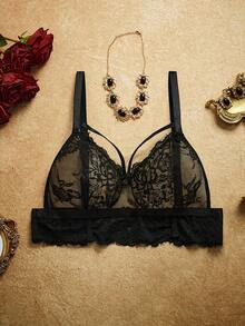 PinupPomp Set Pakaian Dalam Wanita Ukuran Plus 3 Potong: Bra Tanpa Kawat Tanpa Lapisan dengan Renda Bunga, Celana Dalam Thong Berpinggang Rendah, dan Sabuk Garter – Gaya Vintage dan Romantis - Hitam - View 11