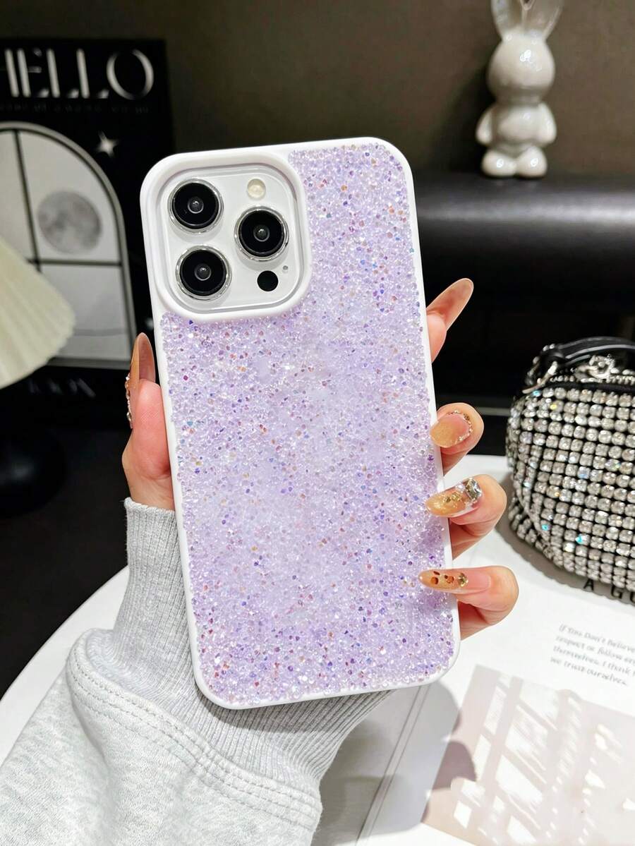 1pc Solid Color Skin-Feel Full Rhinestone Luxury Embedded Fine Glitter 2-In-1 Large Lens Hole Phone Protective Case Compatible With Apple 17 Pro Max, 16, 15 Pro, 14, 13, 12, 11 Series - Purple - View 1