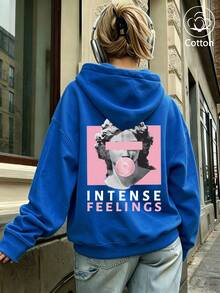 Women's Cotton Loose Fit Hooded Sweatshirt With Pockets For Autumn,Print Of Classical Sculpture Blowing Pink Bubble Gum,Casual Street Sport Style - Colorful Orchid - View 2
