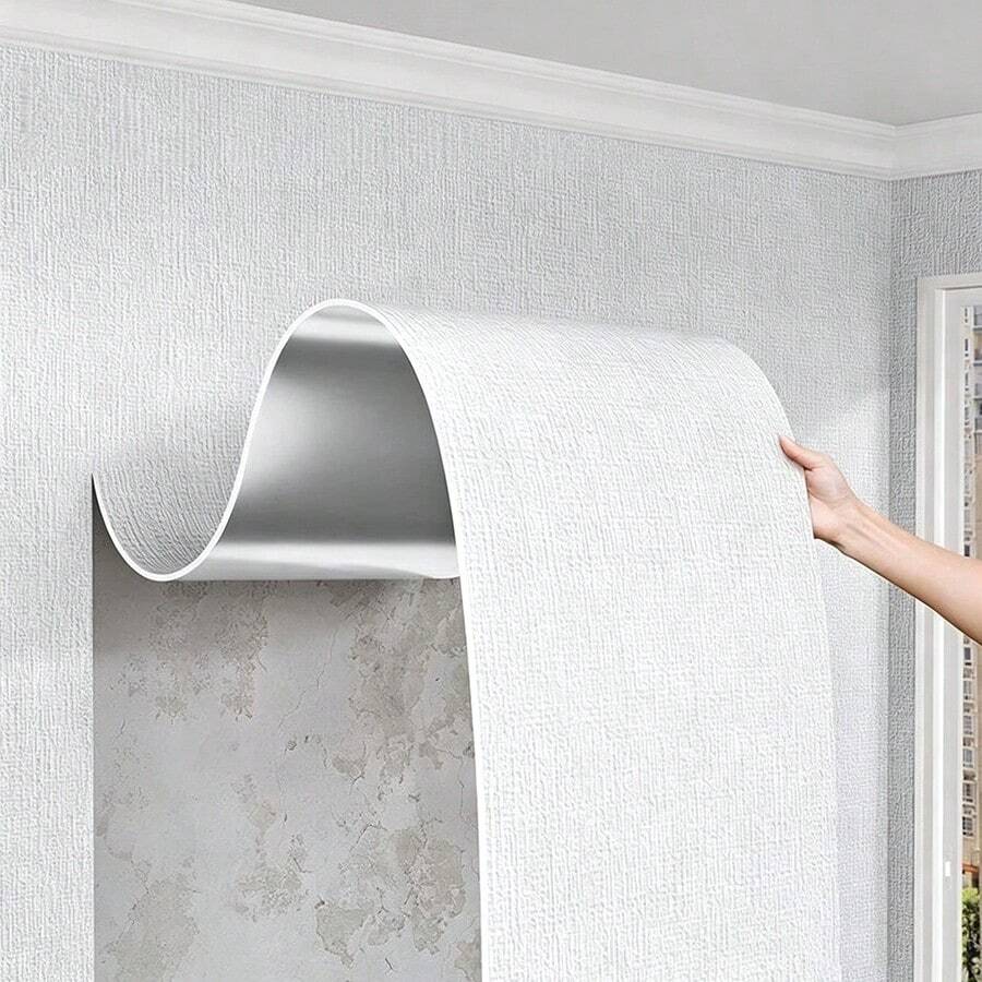 1/4PCS White Linen Texture Surface Self-Adhesive Wall Sticker, PVC Material With Self-Adhesive Backing, Peel And Stick Wallpaper, Bedroom, Living Room And Other Wall Decoration Stickers, Wall Renovation And Decoration Stickers - Wall Decor - View 1