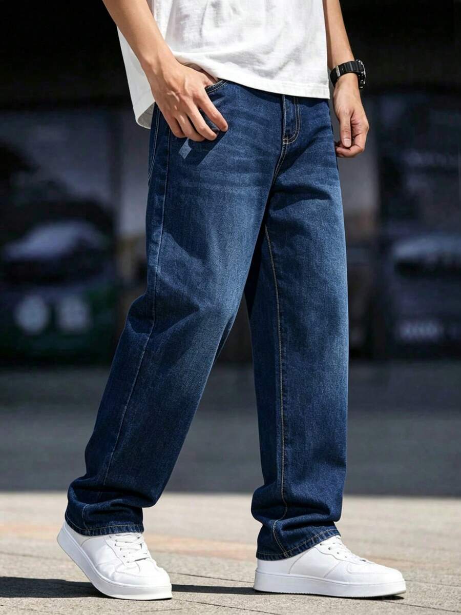 青少年男孩個性化街頭風藍色休閒牛仔長褲 - 藍色 - 查看 1
