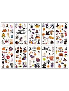 10 Sheets, With 130pcs Halloween Element Pattern Temporary Tattoos, Pumpkin Ghost Witch Vampire Bat Skull Patterns, Easy To Use, Waterproof And Realistic, Very Suitable For Party Makeup - Multicolor - View 8