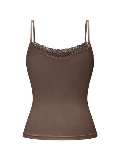 NOIRLYN Women's Tank Top Spring Summer Y2K Sexy Slim Fit Lace Patchwork Camisole Brown Casual