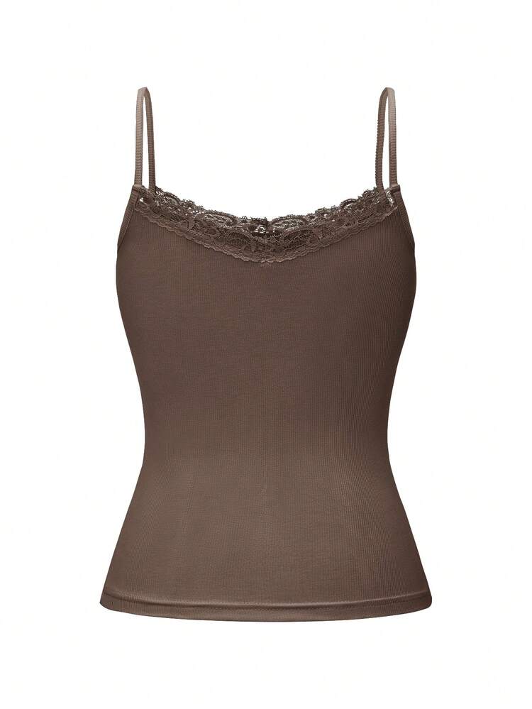 NOIRLYN Women's Tank Top Spring Summer Y2K Sexy Slim Fit Lace Patchwork Camisole Brown Casual - Brown - View 10