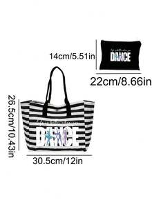 Large Capacity Black And White Striped Tote Bag With "DANCE" Lettering, Foldable Canvas Shoulder Bag, Striped Tote Bag, Includes A Cosmetic Pouch. - Multicolor - View 10