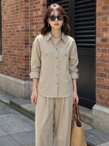 Y6Y New Light Coffee Color Premium Long Sleeve Autumn Women's Button Front Blouse Shirt - Light Coffee - View 4
