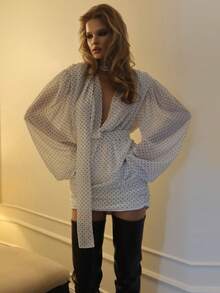 Top Dazzle Sexy & Elegant White Polka Dot Ruched Bodycon Dress With Deep V Neck & Long Sleeves, Perfect For Nights Out - White - View 6