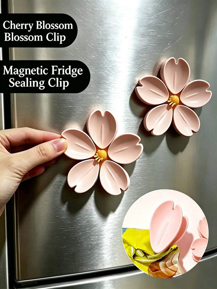 10pcs Cute Pink Cherry Blossom Detachable Petal Magnetic Sealing Clips, Reusable Fridge Magnet Stickers, Portable Floral Kitchen Gadget Food Storage Clips For Potato Chips, Cereal, Tea, Seasoning Freshness - View 1