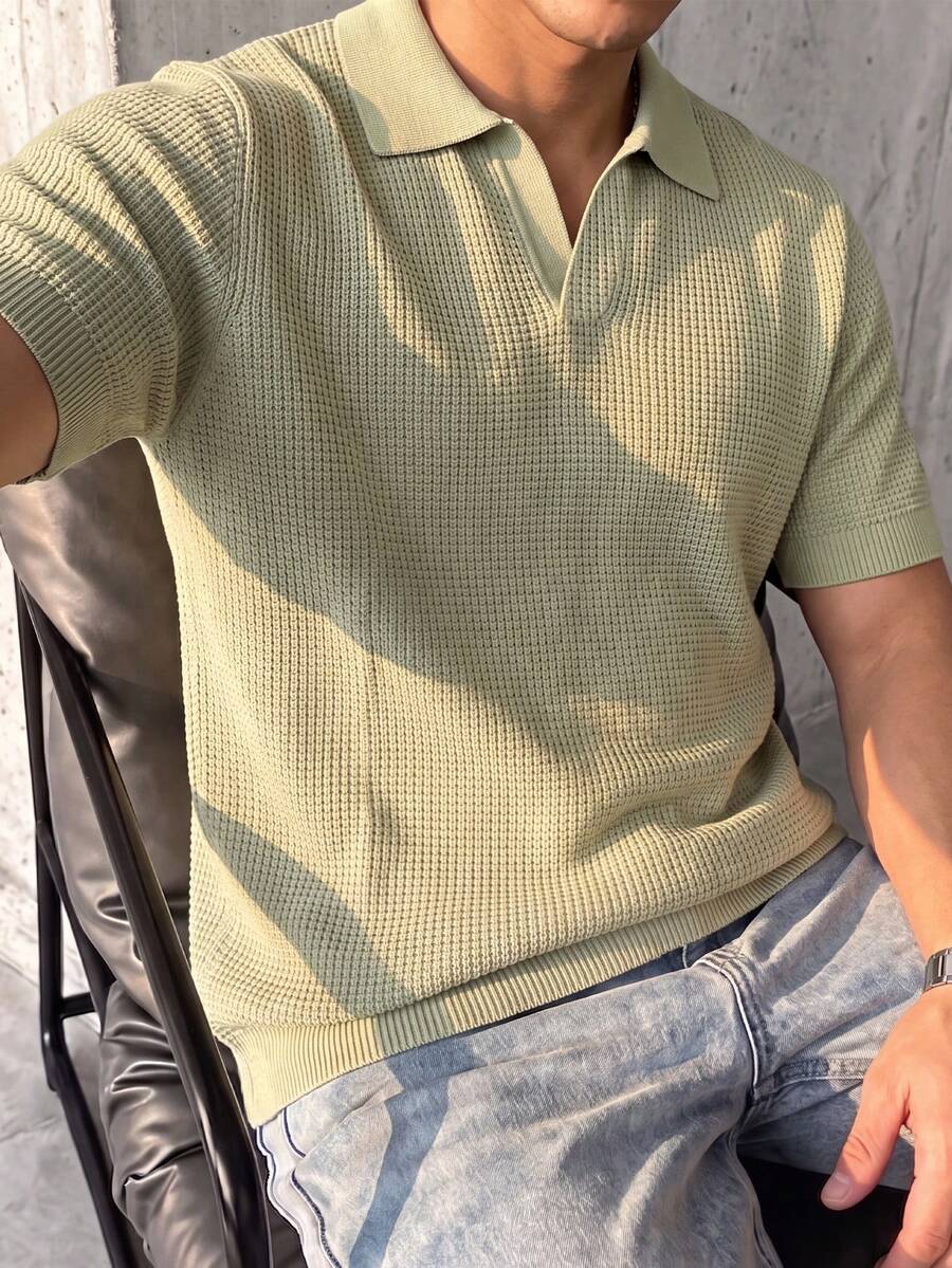 Men's Solid Color Waffle Knit Polo Shirt With Turn-Down Collar, Short Sleeve Casual Top, Thin