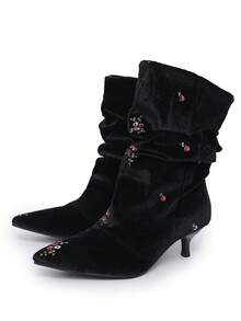 planare New Women's Elegant Black Velvet Embroidered Floral Ankle Boots, Slip-On Pointed Toe Kitten Heel Vintage Ruched Boots For Autumn/Winter Party - Black - View 9