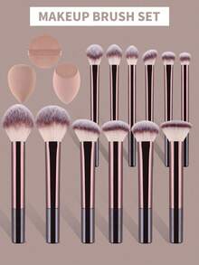 Multifunctional Makeup Brush Set, Including Powder Brush, Blush Brush, Foundation Brush, Eyeshadow Brush, Blending Brush, Contour Brush, 1 Round Makeup Sponge And 1 Powder Puff - Brown - View 3