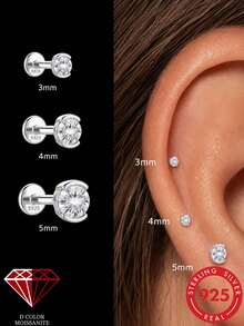 1Pc D Color Moissanite 925 Sterling Silver Flat Back Stud Earring Multi Sizes 3/4/5mm Cartilage Helix Piercing Jewelry Perfect For Wedding Daily Wear - Silver - View 2