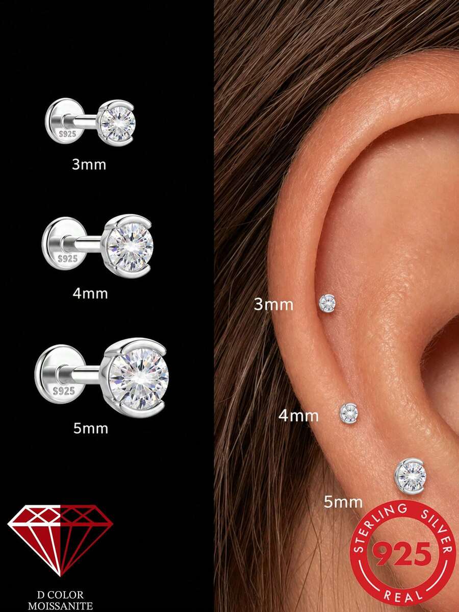1Pc D Color Moissanite 925 Sterling Silver Flat Back Stud Earring Multi Sizes 3/4/5mm Cartilage Helix Piercing Jewelry Perfect For Wedding Daily Wear