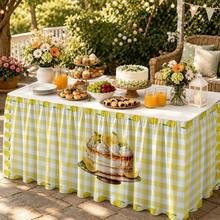 1pc Yellow Plaid With Lemon Pattern Ruffle Table Skirt, Suitable For Garden Tea Party, Camping Party, Birthday Party, Wedding Dessert Table, Bridal Shower Buffet Table, Housewarming Party, Event Display Tablecloth Decoration - A - View 5