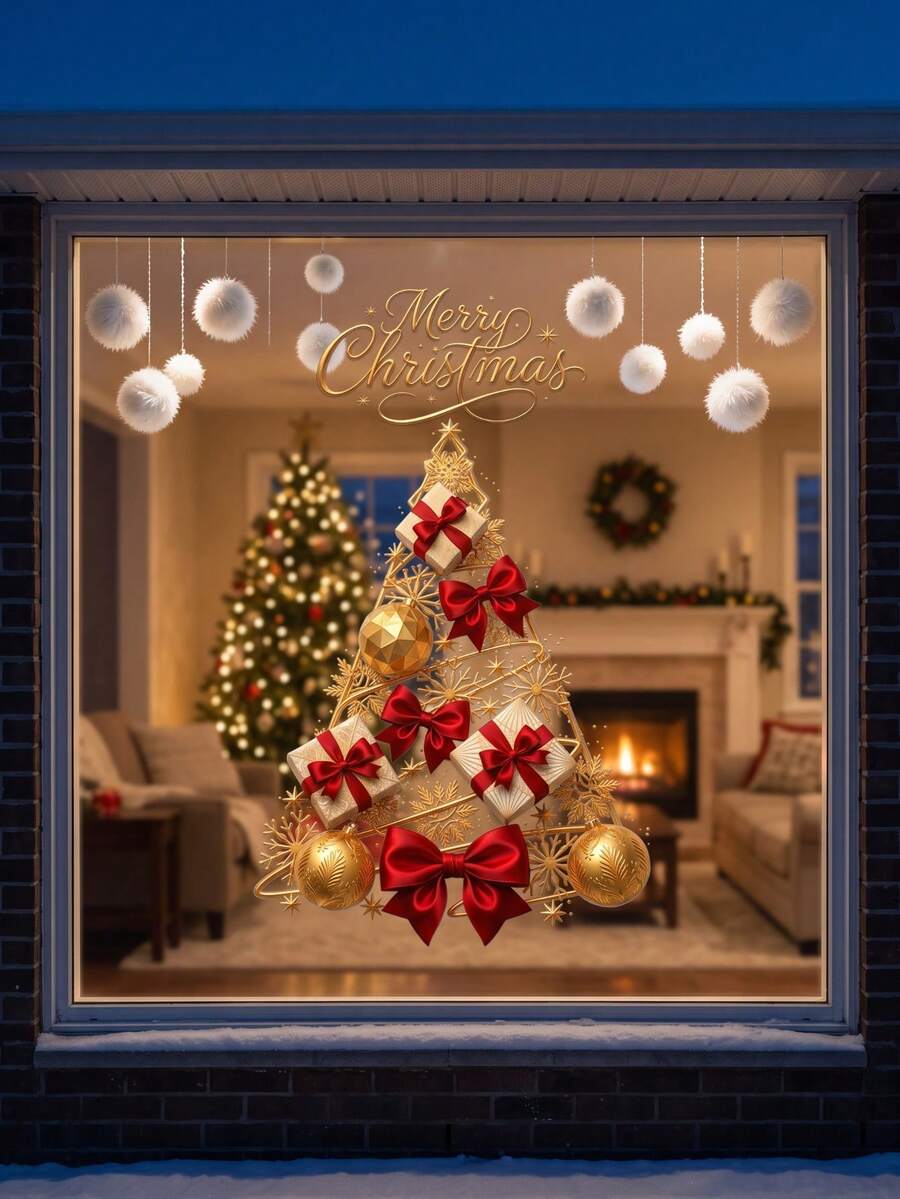 Christmas Holiday Decoration, Window Static Glass Sticker, Butterfly And Bow, Happiness, Christmas, Home Christmas Decor, Room Decoration, Halloween Decoration, Kitchen Decoration, Home Decor And Accessories, Christmas Tree, Christmas Decoration - 1 Pc - View 1