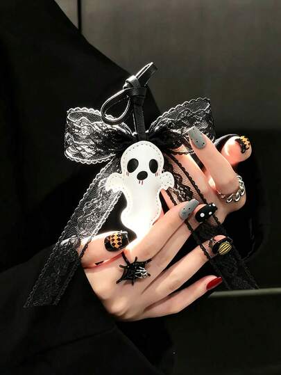 PU Material Ghost Keychain, Lace Bow Pendant, Halloween Leather Decoration, Funny Bag Pendant; Y2K Style; Halloween Home Decoration, Holiday Gifts