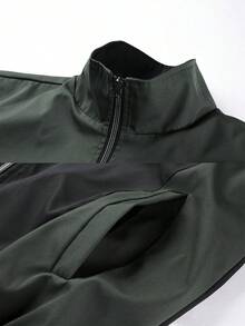 Men's Colorblock Stand Collar Zip-Up Jacket And Joggers 2-Piece Set, Casual Commute Outdoor Running Sports Outfit, Suitable For Spring And Autumn - Black - View 7