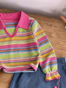 Girls' Fashionable Colorful V-Neck Long Sleeve Cuffed T-Shirt With Turn-Down Collar And Fuchsia Lace Button Decor Denim Mini Skirt - Multicolor - View 4