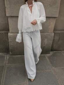 Women's Spring/Autumn Fashion Casual Versatile Solid Color Lace Trim V-Neck Blouse, Suitable For Brunch Outfits - White - View 4