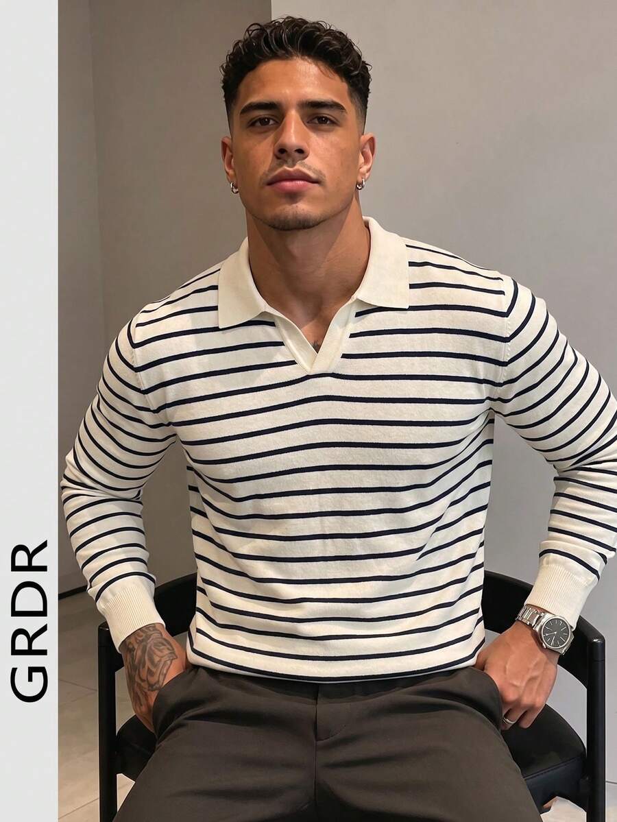 GRDR Men's Autumn/Winter Knit Sweater, Turn-Down Collar Solid Color Long Sleeve, Suitable For Autumn/Winter Outings, Fashion Essential
