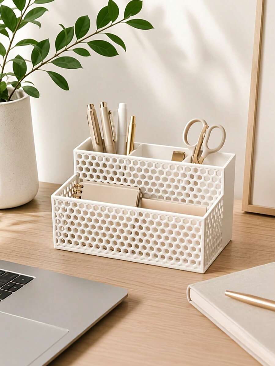 Kotak Penyimpanan Multifungsi, Tempat Penyimpanan Kuas Makeup, Organizer Meja, Kapasitas Besar Berongga Bentuk Sarang Lebah, Rak Alat Tulis Kantor, Putih Doff, Organizer Meja Belajar Bertingkat Multi-Zona, Hadiah Kreatif untuk Kembali ke Sekolah, Cocok untuk Kantor dan Ruang Kelas - MultiWarna - View 1