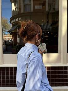 Fashionable Women's Striped Shirt, Stand Collar Design, With Red Frog Button, Chinese Style Woven Fabric Long Sleeve Blouse, Suitable For Daily Wear And Spring Outfits. - Blue - View 5