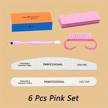 5/6/7pcs Multi-Function Black/Gray/Pink Nail Tool Set Including Nail File, Polishing Buffer, Nail Cleaning Brush And Sponge, Complete And Reusable Nail Care Product For Professionals/Individuals/Salons - Multicolor - View 4