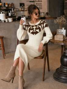 New Autumn/Winter Vintage Geometric Jacquard Knit Midi Dress, Unique Retro Pattern Design, Elegant Autumn/Winter Fashion, Suitable For Daily Outings, Cafe Visits, Weekend Gatherings, Holiday Trips, Shopping, Office Commute, Date Dinner, Small Party - Multicolor - View 7