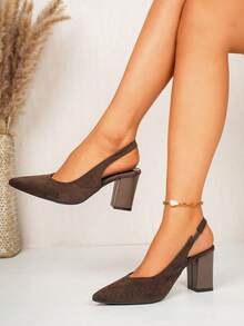 Brown Pointed Toe Suede Women's High Heel Shoes, Low Shaft, Fashionable Versatile Chunky Heel, Popular Design, Commute Minimalist Elegant Slingback Pumps - Brown - View 1