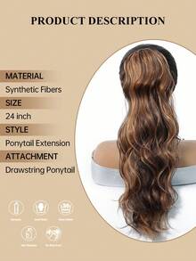 24 Inch Long Wavy Ponytail Extension For Women, Brown With Caramel Highlights Synthetic Hairpiece, Natural-Looking Drawstring Ponytail With Built-In Combs, Voluminous Curly Clip-In Hair Extension For Daily Wear, Parties, Cosplay And Halloween - Multicolor - View 8