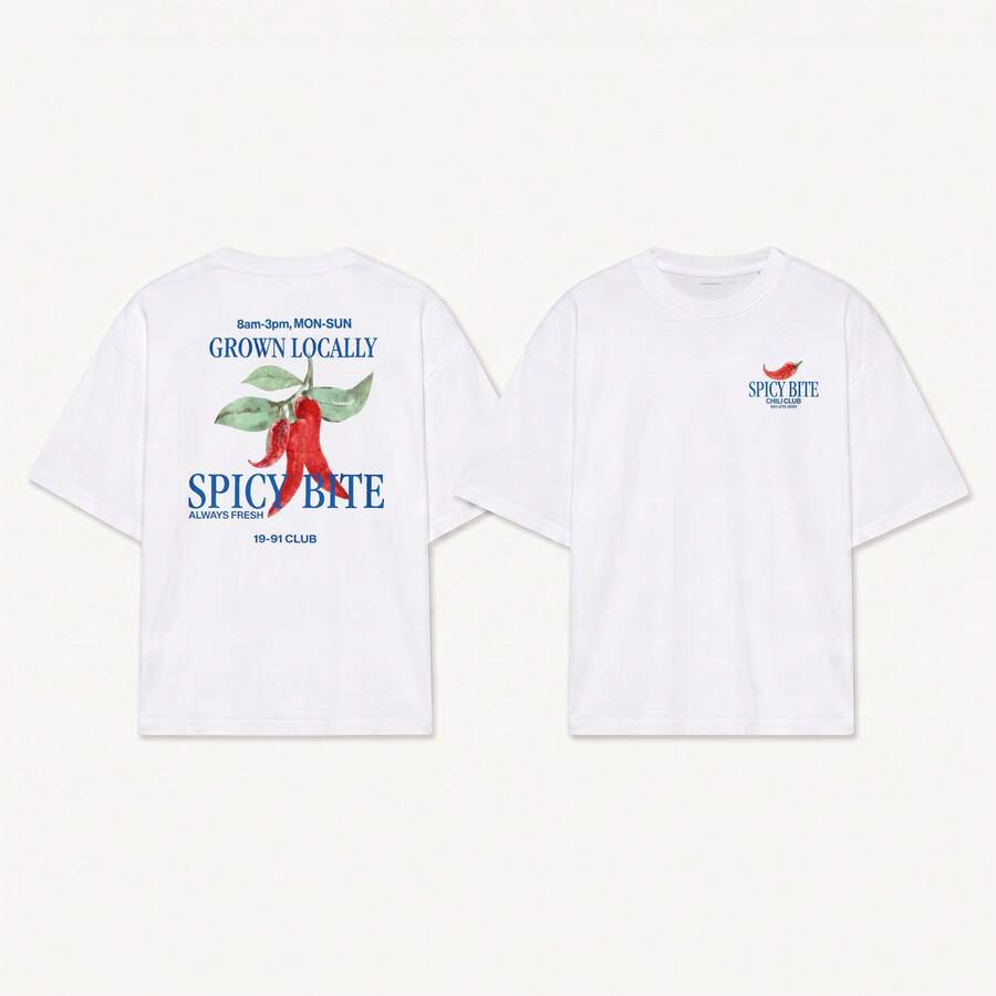 Spicy Bite T-Shirt Bianca Con Stampa Peperoncino E Scritte Blu Design Grafico Vintage Ispirazione Club 19-91 Stile Streetwear Unisex Top - White - View 1