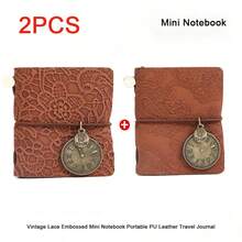 `2‑Pack Retro Lace Embossed PU Leather Pocket Notebook, Mini Portable Travel Journal With Watch Pendant Decor, Vintage Diary Notepad For Handmade Junk Journal` - Multicolor - View 11