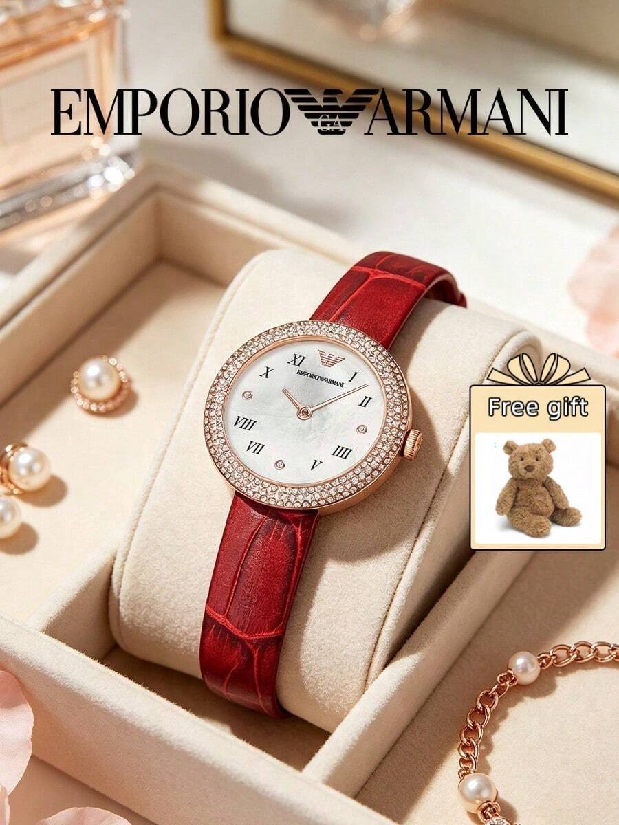 Armani Women's Rosa Series Quartz Watch Crystal Paved Bezel Mother‑Of‑Pearl Dial Wine‑Red Croc‑Embossed Leather Strap Ladies Watch AR11357 - Gold - View 1
