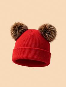 1PC Kids Solid Color Double Pom Pom Basic Cuffed Knit Hat, Multiple Color Options For Fashion Matching, Soft And Elastic Suitable For Autumn/Winter Multiple Occasions, Fits Both Boys And Girls - Multicolor - View 18